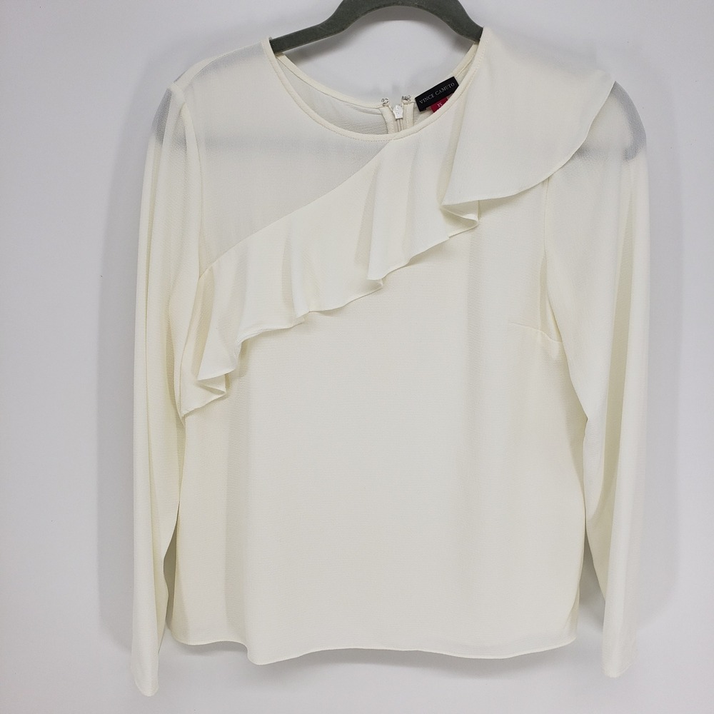 Vince Camuto Ruffle Blouse Women XS Long Sleeve Career Minimalist Work Top Cream